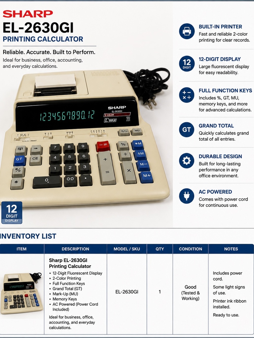 Sharp EL-2630GI Beige Printing Calculator - 12-Digit Display
